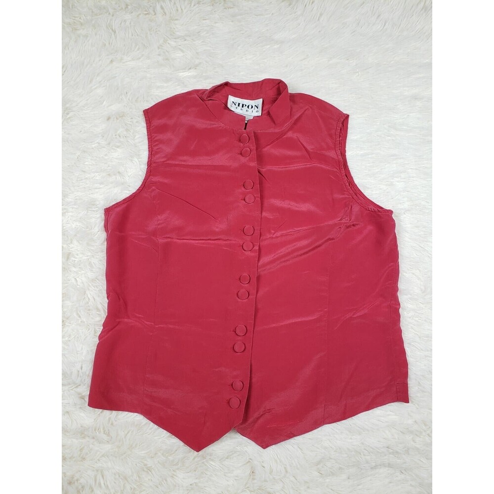 Nipon Studio Women's Top 100% Silk Sleeveless Button Front High Neck Red Sz 6
